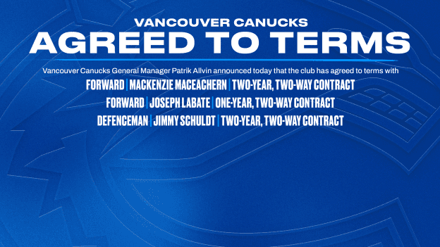 CANUCKS AGREE TO TERMS WITH MACKENZIE MACEACHERN, JOSEPH LABATE, & JIMMY SCHULDT, ON TWO-WAY CONTRACTS